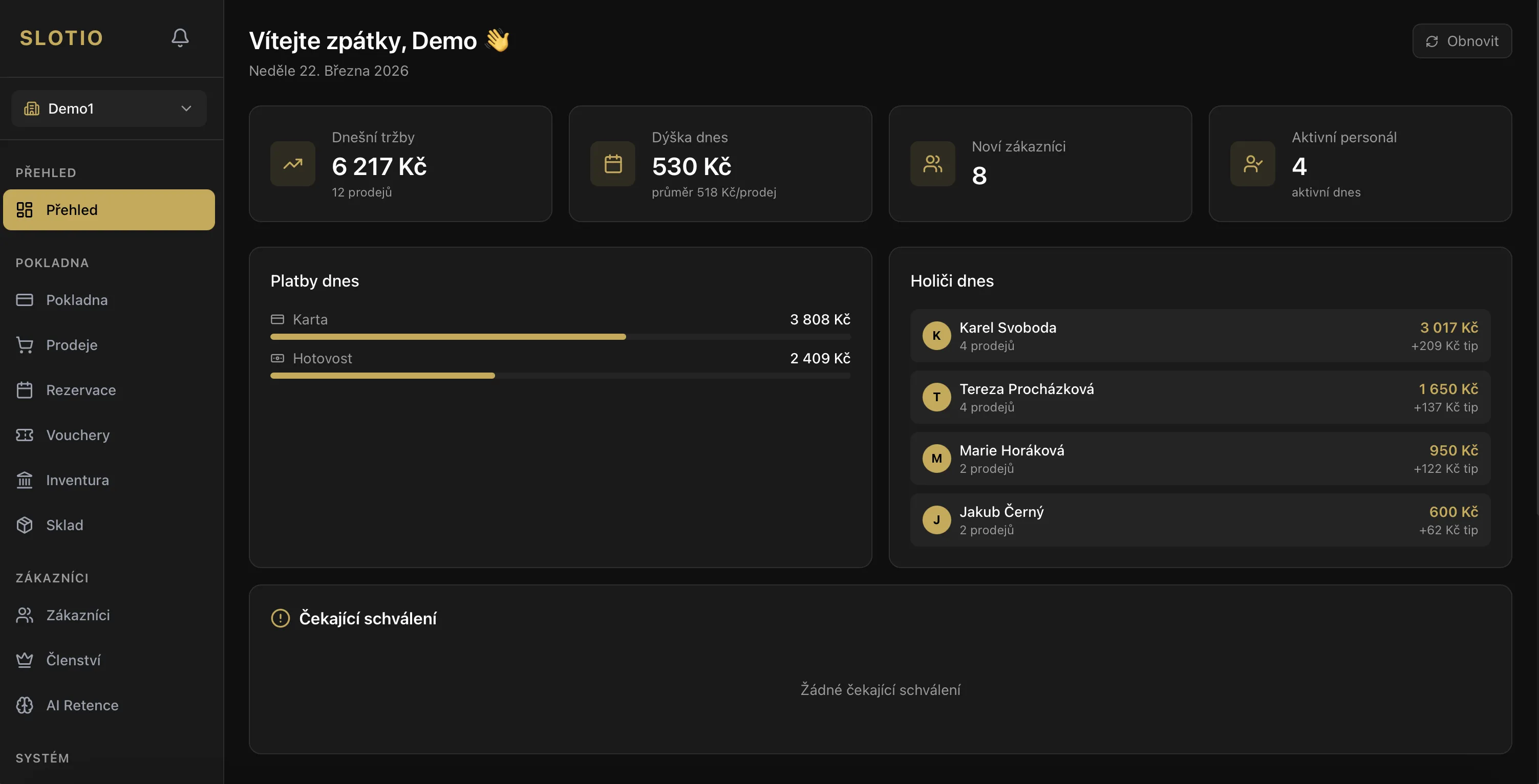 Slotio Dashboard - Přehled tržeb a statistik